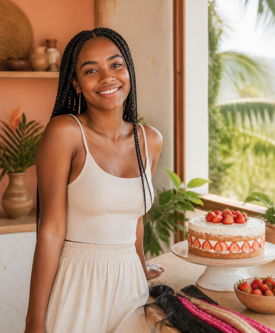 Norah, tresses longues, devant un fraisier fait maison dans sa cuisine