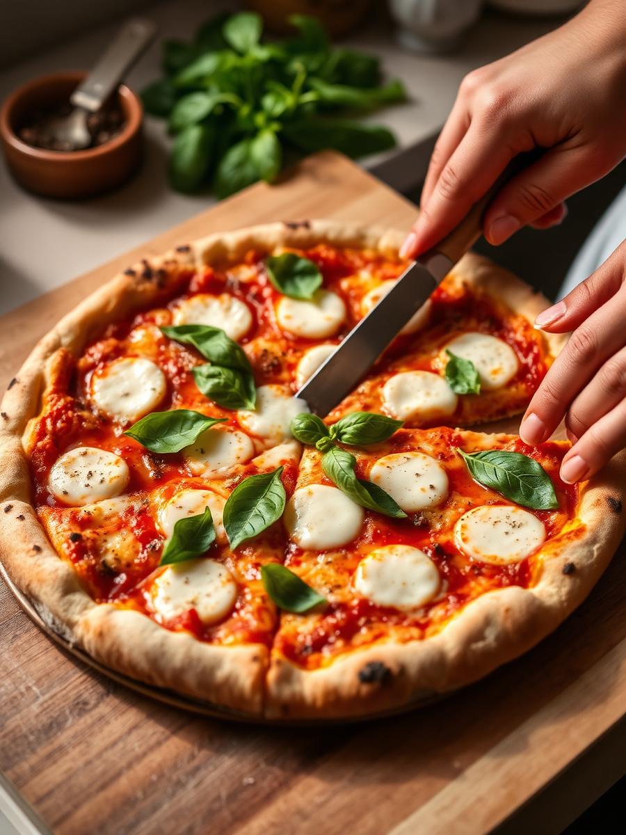 Pizza maison mozzarella basilic découpée à la main