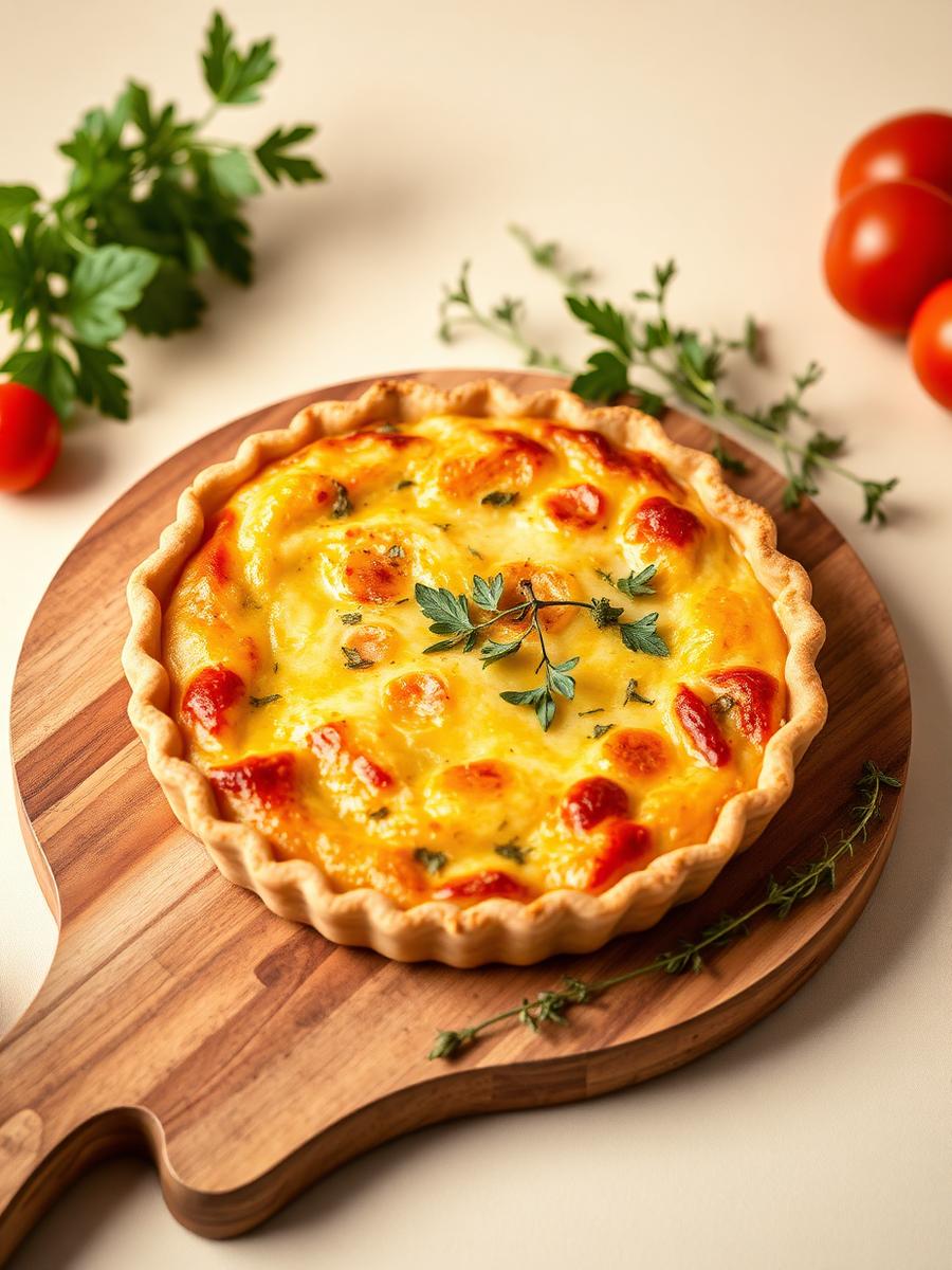 Quiche dorée sur une planche en bois
