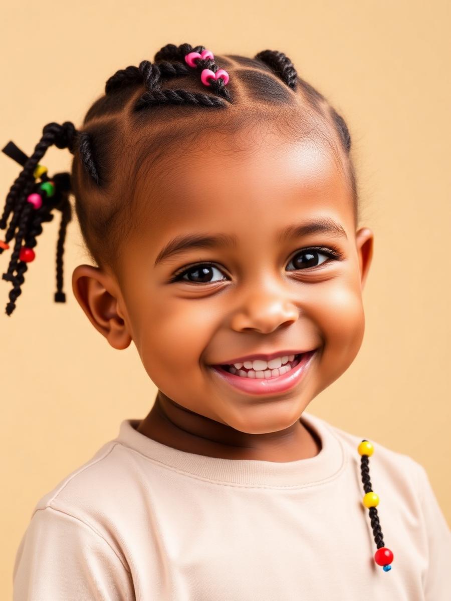 Petite fille coiffée de tresses avec des perles colorées