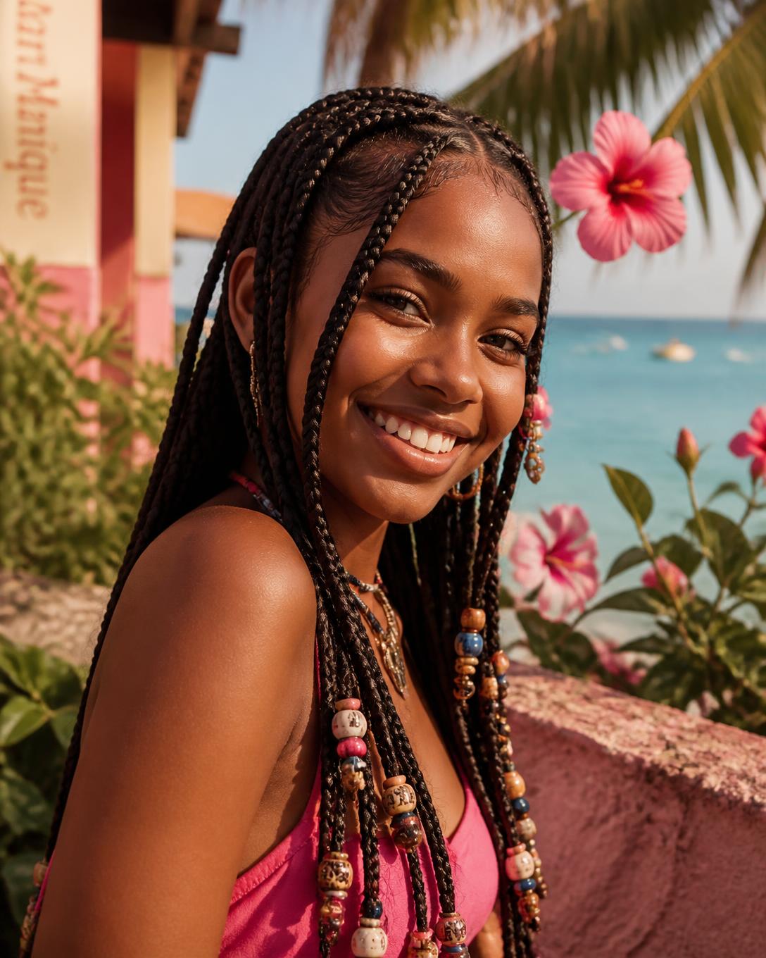 Norah, souriante, avec de longues tresses ornées de perles, en Martinique